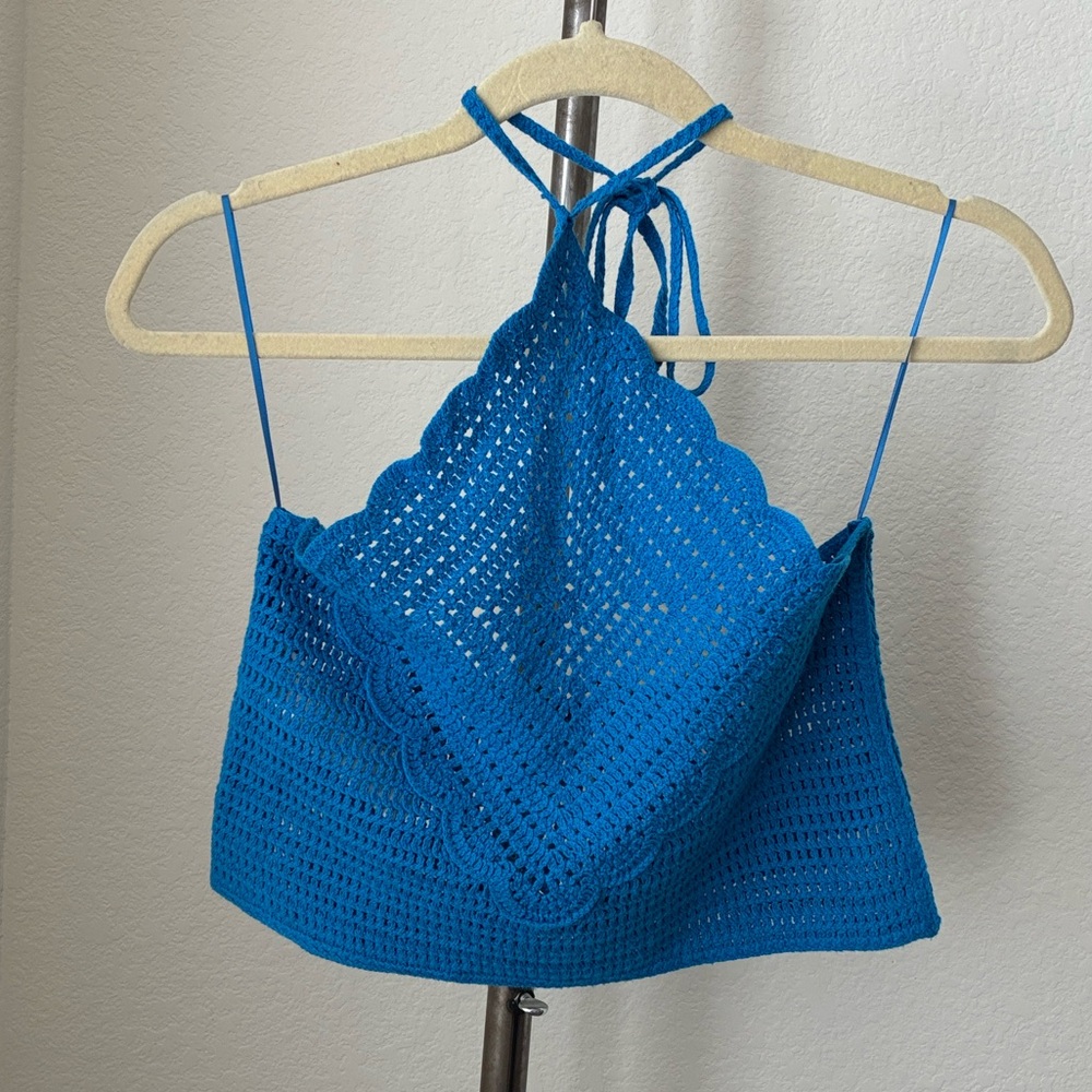 MNG blue crochet halter top tank boho festival concert EUC sz M